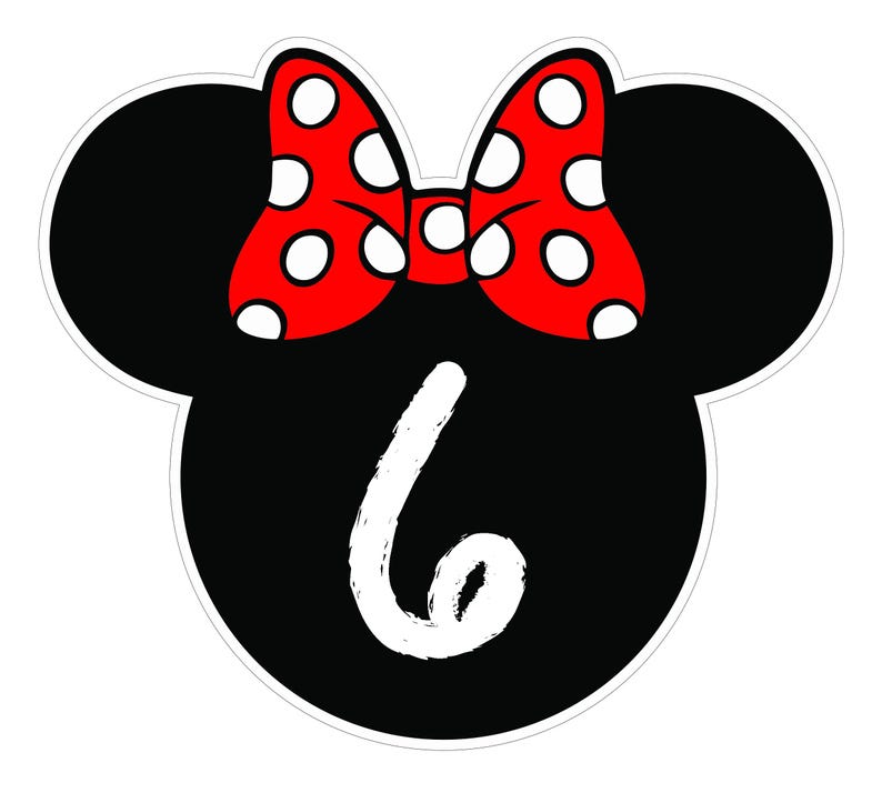 May include: A black Minnie Mouse head shape with a red bow featuring white polka dots. The number "6" is written in white script below the bow. The design has a white border.