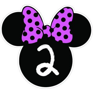 May include: A black and white graphic featuring a Minnie Mouse silhouette with a purple polka dot bow. The number "2" is written in white script within the mouse's head shape. The design has a white border.