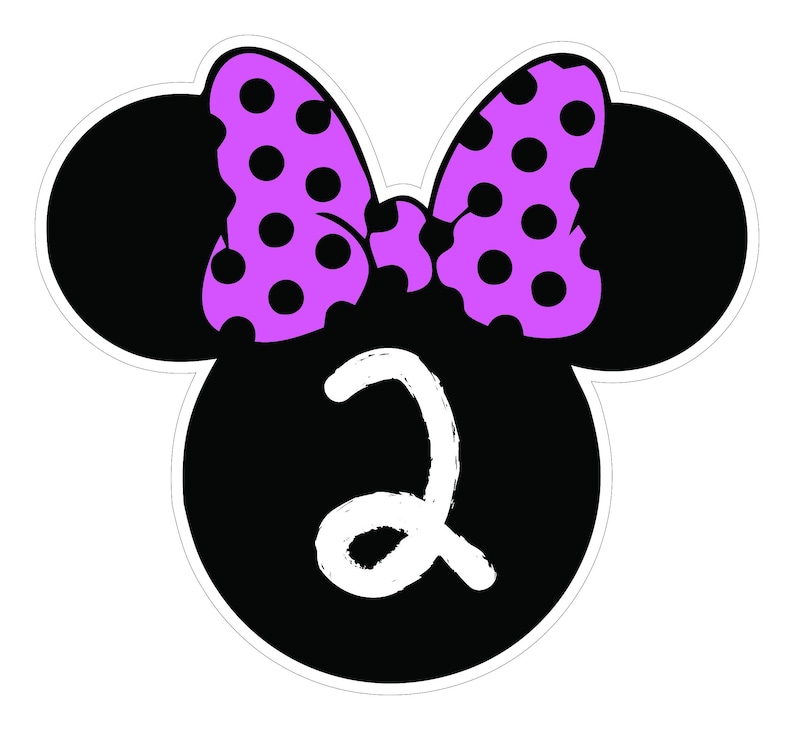 May include: A black and white graphic featuring a Minnie Mouse silhouette with a purple polka dot bow. The number "2" is written in white script within the mouse's head shape. The design has a white border.