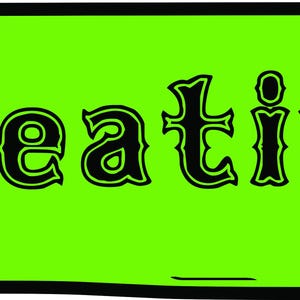 May include: A bright green rectangle with the word "creative" in black, stylized lettering. The border of the rectangle is black, and the edges are slightly uneven, giving it a hand-drawn appearance. The word is centered and bold.