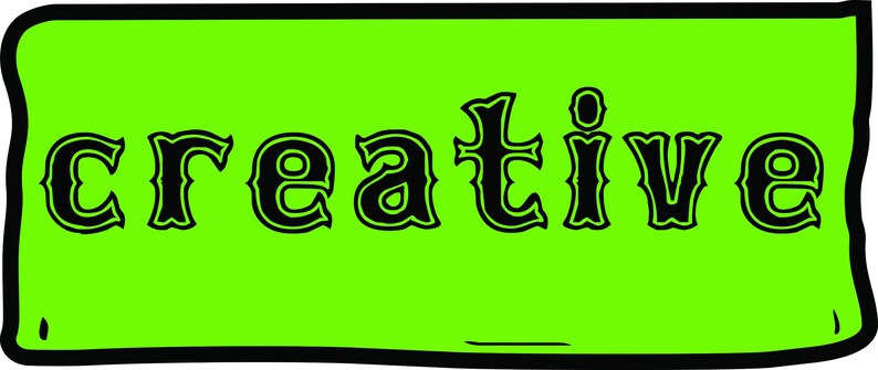 May include: A bright green rectangle with the word "creative" in black, stylized lettering. The border of the rectangle is black, and the edges are slightly uneven, giving it a hand-drawn appearance. The word is centered and bold.