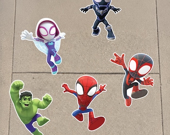 Calcomanías de piso de telaraña de superhéroes de 13", pegatinas de camino para fiestas de Spiderman y sus amigos, calcomanías de piso de cumpleaños fáciles de pegar y despegar, juego de 6 de Spiderman y sus amigos.
