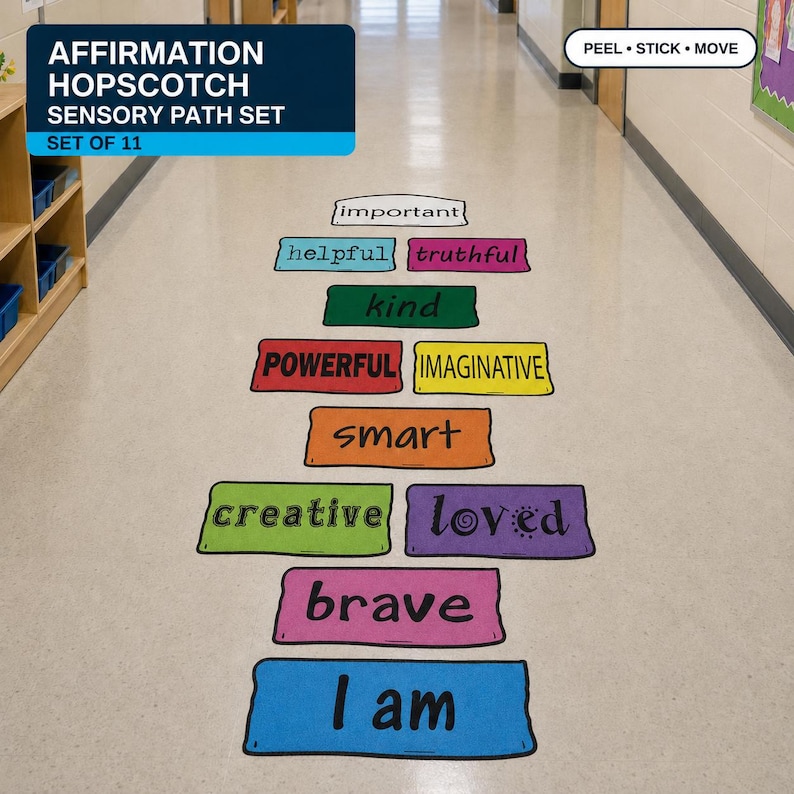 May include: A colorful affirmation hopscotch sensory path set with 11 pieces. Each piece is a different color and features a positive word like "brave" or "kind". The set includes the words "I am".