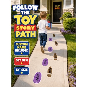 May include: A pathway decoration set with the text "Follow the Toy Story Path." The set includes eight 12-inch footprint decals with the name "Andy." A child walks along the path, carrying a gift. The product includes a custom name.