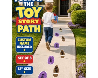 Toy Story Footprint Decals – Custom Name Buzz & Woody Boots – Birthday Party Path Floor Stickers – Removable Outdoor Sidewalk Vinyl Set of 8
