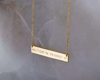 14K Gold Coordinate Bar Necklace, Custom Coordinate Necklace | Personalized Coordinate Necklace, Where We Met Custom | Engraved Bar Necklace