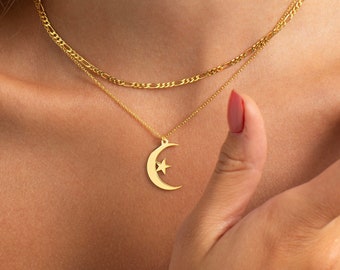 14K Gold Moon & Star Necklace, Celestial Necklace | Sterling Silver Star Necklace, Star Choker | Crescent Moon Necklace, Astrology Necklace