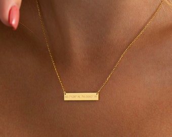 14K Gold Coordinate Bar Necklace | Engraved Bar Necklace, Where We Met Custom | Personalized Coordinate Necklace, Custom Coordinate Necklace