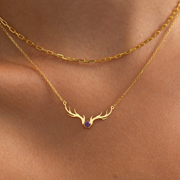 14K Gold Deer Antler Necklace w/Birthstone | 925 Sterling Silver Nature Necklace, Dainty Everyday Necklace | Christmas Birthstone Necklace