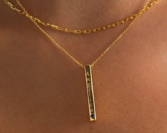 14K Gold Bar Necklace w/Birthstone, Personalized Bar Necklace | Silver Bar Choker Necklace, Custom Engraved Necklace, Christmas Gift for Her