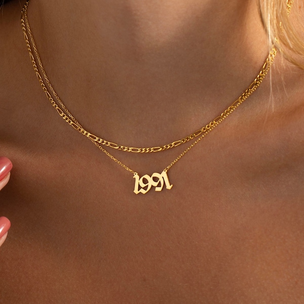 14K Gold Birth Year Necklace, Personalized Date Necklace | Gold Number Necklace, Old English Year Necklace | Customized Birth Year Necklace