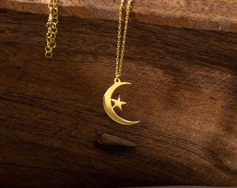 14K Gold Moon & Star Necklace, Sterling Silver Star Necklace | Crescent Moon Necklace, Astrology Necklace | Celestial Necklace, Star Choker