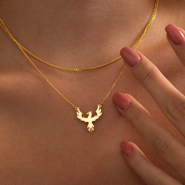 14K Gold Phoenix Necklace, Phoenix Rising Necklace | Fantasy Bird Necklace, Phoenix Pendant, Phoenix Jewelry | Silver Phoenix Bird Necklace