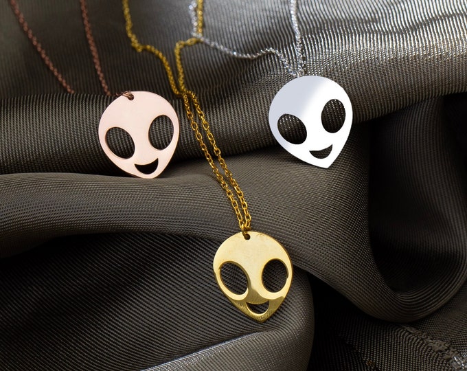14K Gold Alien Necklace, Space Necklace | Sterling Silver Alien Jewelry, Astronomy Gifts Women | Alien Head Necklace, Space Gifts for Women