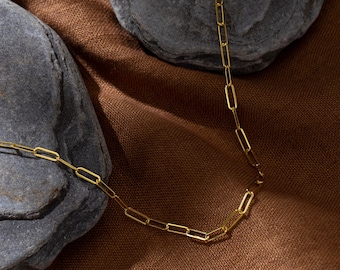 14K Gold Link Necklace, Paper Clip Chain | 14K Gold Paperclip Chain Necklace, Sterling Silver Paperclip Chain | Thick Chain Necklace Women