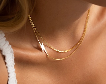 Sideways Lightning Bolt Necklace, 14K Gold Lightning Bolt Necklace | Dainty Gold Necklace, Thunderbolt Necklace | Everyday Necklace Women