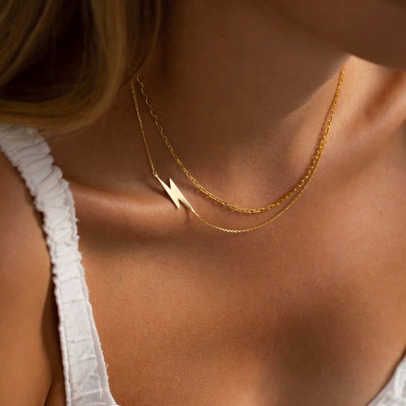 Sideways Lightning Bolt Necklace, 14K Gold Lightning Bolt Necklace Dainty Gold Necklace, Thunderbolt Necklace Everyday Necklace Women image 2