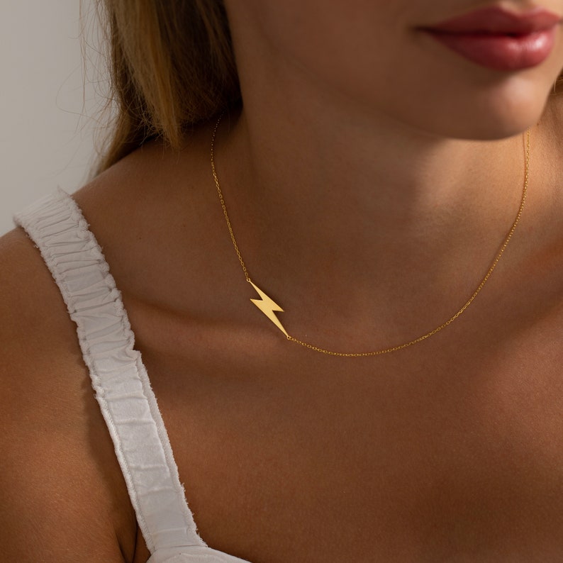 Sideways Lightning Bolt Necklace, 14K Gold Lightning Bolt Necklace Dainty Gold Necklace, Thunderbolt Necklace Everyday Necklace Women image 7