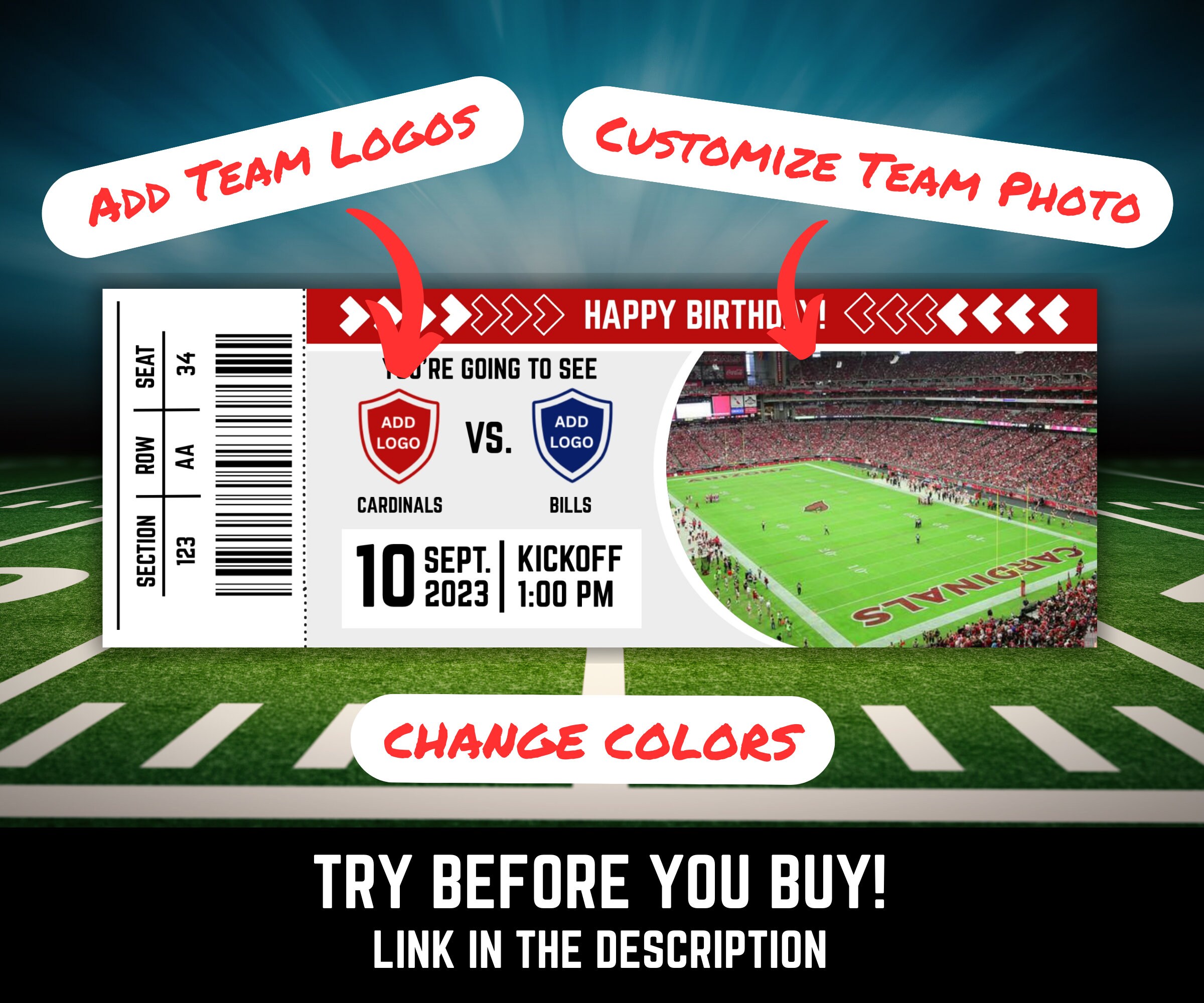 Football Ticket Birthday Present Editable Football Ticket Etsy