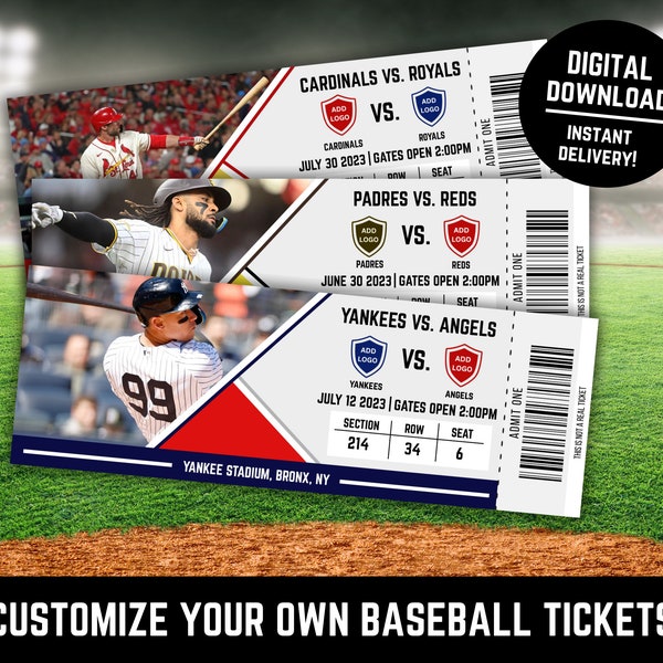 Réplique personnalisée de billet de baseball en cadeau - Un moyen idéal d'offrir des billets de baseball numériques en cadeau !