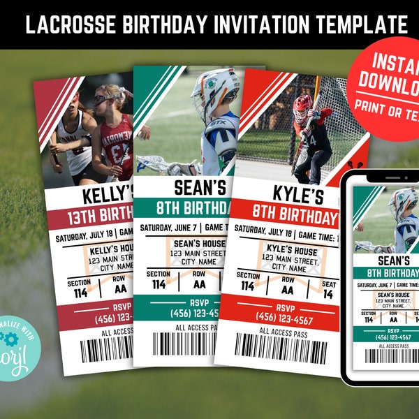 Lacrosse Birthday Invite Template, Sports Ticket Invitation, Lax Themed Birthday Party, Custom Sports Bday Invite Download