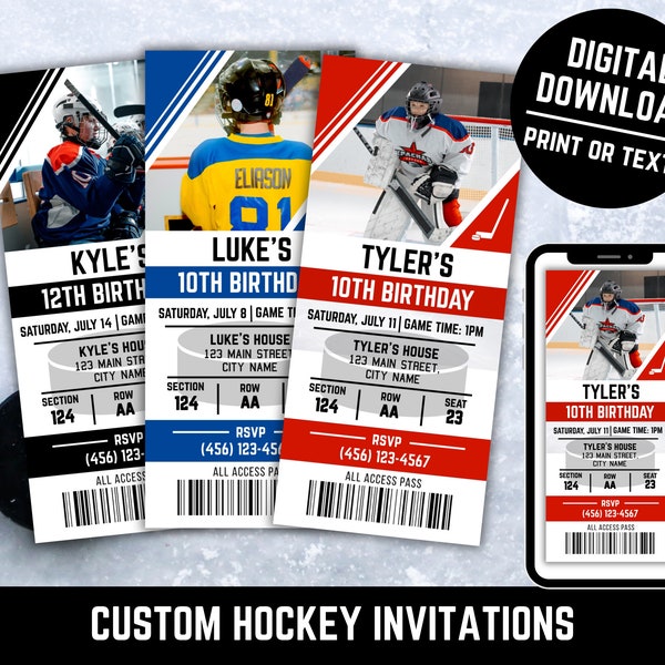 Hockey Birthday Invite Template, Sports Ticket Invitation, Hockey Themed Birthday Party, Custom Sports Bday Invite Download