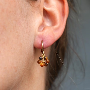 Op de afbeelding: Een gouden oorring met een cluster van kleine, ronde, bruine en amberkleurige kralen. De oorring is bevestigd aan een oor. De kralen zijn in een cirkelvormig patroon gerangschikt, waardoor een bloemachtig ontwerp ontstaat.