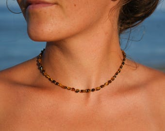 'Telia' necklace, tiger's eye, brown gemstone, gold choker, elegant, filigree, summer, beach, sea, layered, adjustable, boho, bohemian, elegant, adjustable