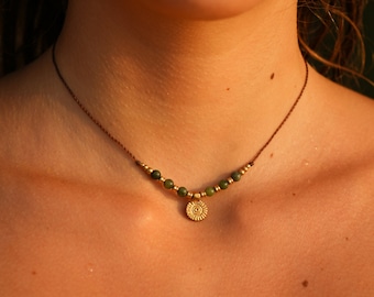 Necklace "viona" macrame boho necklace gemstone green jade brass sun unisex hippie festival bohemian gold filigree perfect gift