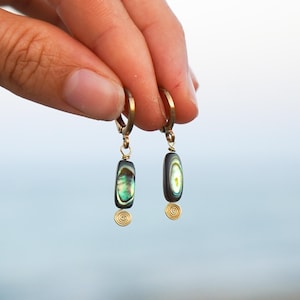 Può includere: Orecchini a cerchio dorati con pendenti rettangolari in conchiglia di abalone iridescente. Ogni orecchino presenta un piccolo ciondolo a spirale dorata. Lo sfondo è blu chiaro.