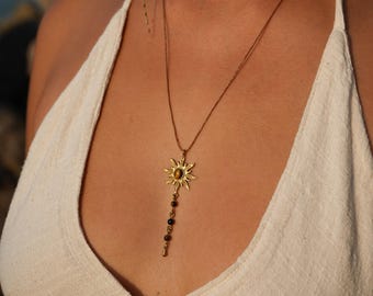 "Tiraya" necklace, sun boho necklace, handmade, filigree, tiger's eye gemstone, brass, brown, gold, macrame, hippie, earthy, bohemian, gift