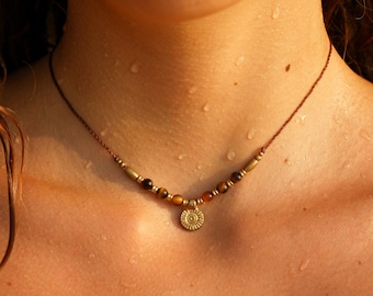 Necklace &quot;Tigua&quot; Boho necklace filigree tiger eye gemstone brass sun unisex macrame hippie festival bohemian gift gift idea