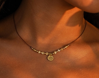 Necklace &quot;Aurora&quot; mother of pearl boho necklace handmade filigree shell brass sun gemstone macrame hippie bohemian gift earthy unique