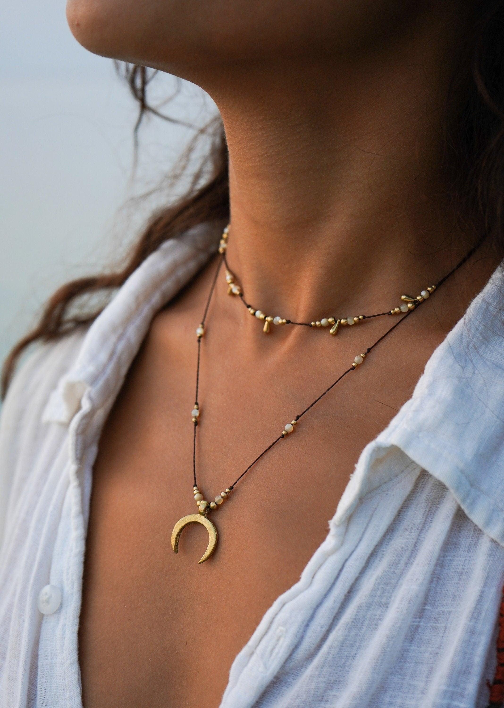 Necklace "Alea" mother of pearl ray shell white filigree macrame boho necklace gemstone brass layer hippie festival bohemian gift gold
