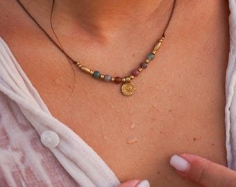 Necklace &quot;Malu&quot; Boho necklace filigree Indian agate gemstone colorful brass sun unisex macrame hippie festival bohemian gift