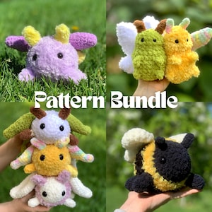 May include: A collection of handmade crochet plushies in various colors, including purple, green, yellow, and black. The plushies have unique designs, some with wings and antennae. The image includes the text "Pattern Bundle".