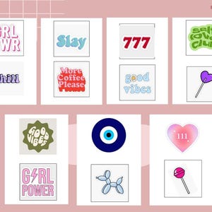 May include: A collection of 12 colourful stickers with various designs and phrases, including "GRL PWR", "Chill", "Slay", "More Coffee Please", "Good Vibes", "Self Love Club", "777", "Good Vibes", "Girl Power", "Evil Eye", "111", and "777". The stickers are arranged in a grid on a pink background with the word "MANIFEST" written in black.