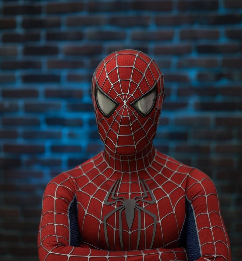 May include: A red and blue Spider-Man costume with a web pattern and a black spider emblem on the chest. The mask has white eye lenses. The costume is worn by a person in front of a brick wall.