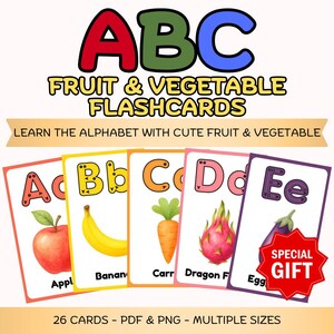May include: A set of ABC fruit and vegetable flashcards featuring letters A through E with corresponding illustrations of an apple, banana, carrot, dragon fruit, and eggplant. The cards include text labels and a red starburst graphic labeled SPECIAL GIFT.