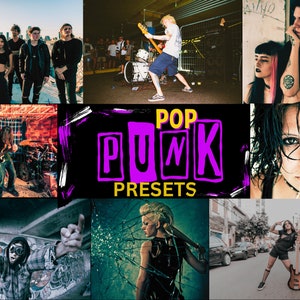 May include: A collage of images featuring people in a punk rock style. The images include a band playing music, a person with a guitar, and a person with a microphone. The text "POP PUNK PRESETS" is in the center of the collage.