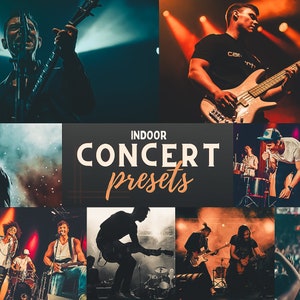 Può includere: Un collage di immagini che mostrano preset di fotografia di concerti al chiuso. Le immagini mostrano musicisti che si esibiscono sul palco con luci colorate e una folla di persone sullo sfondo. Il testo "INDOOR CONCERT presets" è visualizzato al centro del collage.