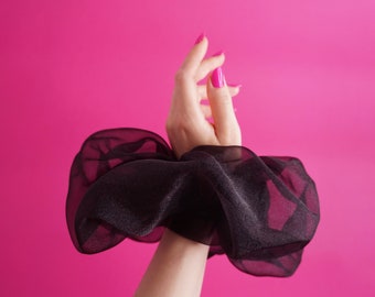 Black Organza scrunchie, Giant Double Scrunchie, Oversized Scrunchie, Black Scrunchie, Vegan Scrunchie Tie, Bridesmaid Scrunchie