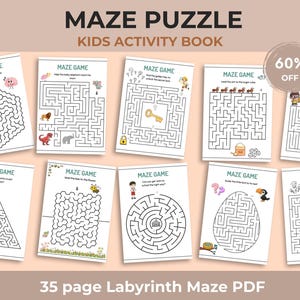 以下が含まれることがあります： MAZE PUZZLEというタイトルの35ページの子供向けアクティビティブック。白黒の迷路ゲームシートが複数含まれています。各ページには動物や物、経路のイラストが描かれており、右上には60% OFFのバッジが表示されています。