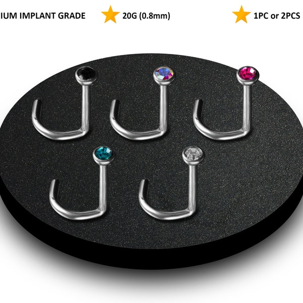 20G Nose Screw Stud Nose Piercing Titanium with CZ Crystal size 2mm Nostril Ring, Nasal Piercing, Small Nose Ring