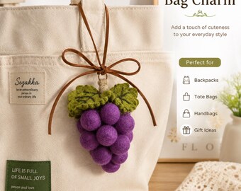 Wool Felt Grape Keychain Handmade Grape Bag Charm Cute Car Mirror Hanging Decor Fruit Lover Gift Cottagecore Accessory