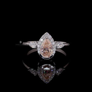 Pear Fancy Vivid Pink Lab Grown Diamond Halo Engagement Ring 3 Stone Bridal Ring Unique Wedding Ring Teardrop Engagement Ring Handmade Ring