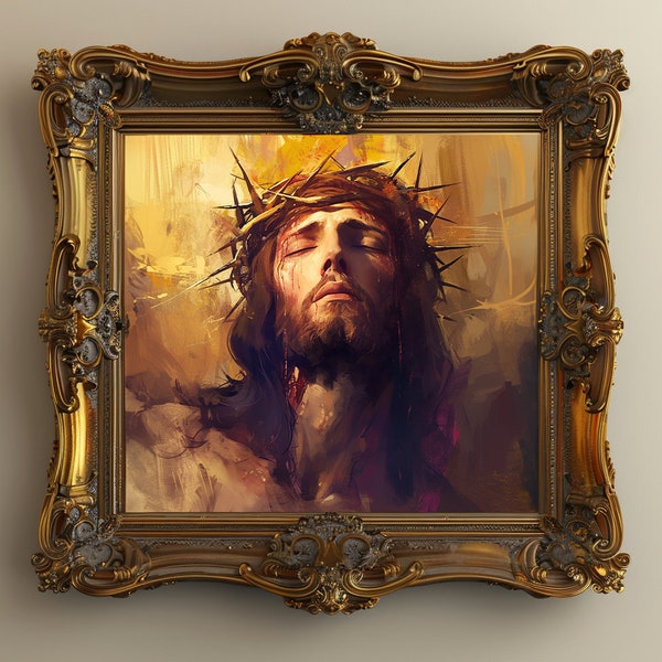 Jesus wearing a crown of thorns, Digital Christian-themed design suitable for wall art, depicting the Savior Jesus Christ PNG and JPG