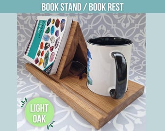 Oak Book Rest and Tea Holder: Bedside Book Stand Gift, Tablet / Phone Holder, Phone Rest