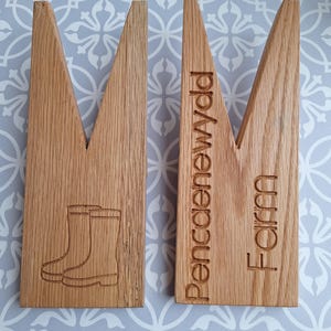 Peut inclure: Deux panneaux en bois de couleur marron clair. L'un des panneaux présente une image gravée de bottes de pluie. L'autre panneau porte le mot "Farm" et le texte "Pencenewydd" gravé verticalement. Les panneaux ont un sommet en forme de V.