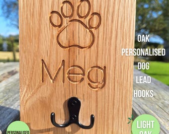 Oak Personalised Dog Lead Hook, Paw Print New Puppy Gift, Dog Name Board, Personalised Paw Print Hooks